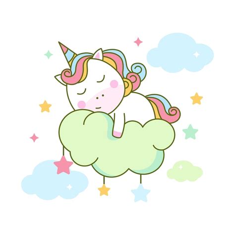 Lindo Unicornio Durmiendo En La Nube Vector Premium