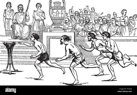 Group of men in Roman foot-race, other people watching them, vintage ...