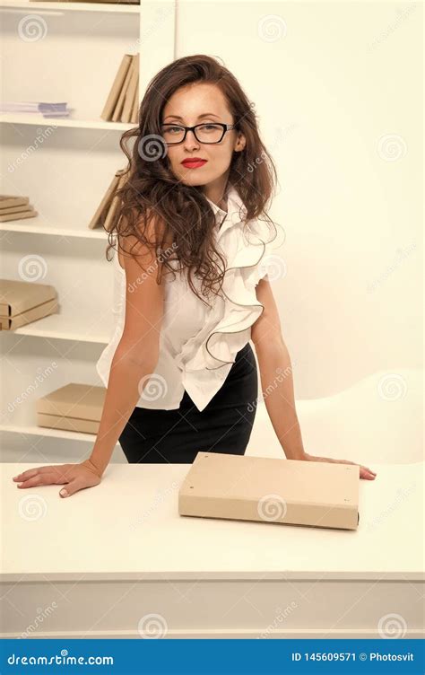 Woman With Long Hair White Blouse Teacher With Glasses Looks