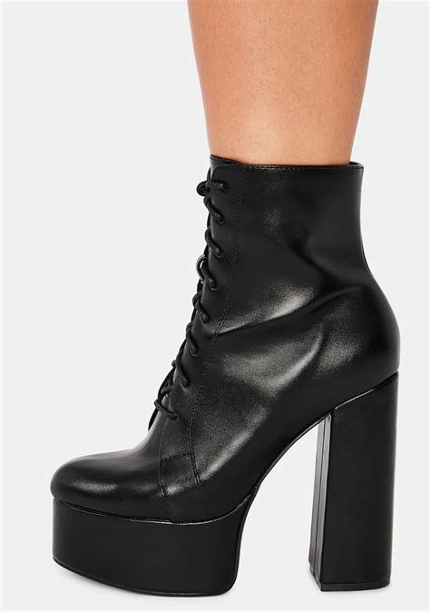 Platform Heeled Ankle Boots Faux Leather Lace Up Black Dolls Kill