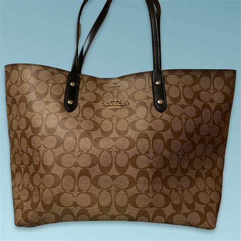 Coach Signature Town Tote Brown Black Handles Gem