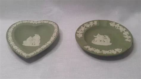 WEDGWOOD JASPERWARE SAGE Green And White Small Dishes Pair Heart And