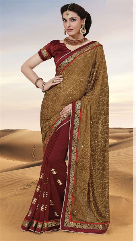 Gold And Maroon Georgette Embroidered Saree With Maroon Designer Blouse