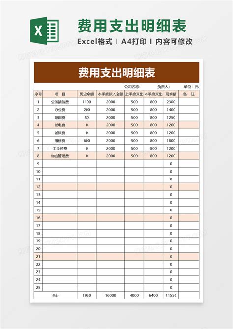 简洁费用支出明细表excel模板下载明细表图客巴巴