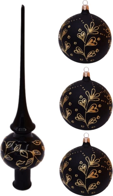 Set Met Zwarte Kerstboom Piek En Drie Zwarte Glanzende Kerstballen Van