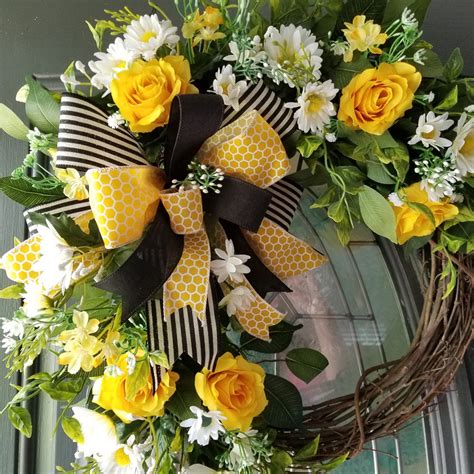 Yellow Rose Wreath, Daisy Wreath, Summer Wreath, House Warming Gift, Honeycomb Ribbon, Front ...