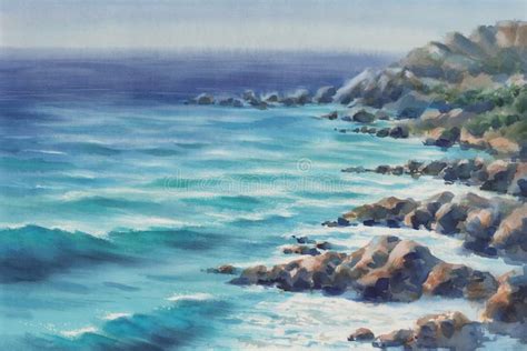 Blue Lagoon Seascape With Stones And Rocks Watercolor Background Stock