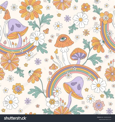 Trippy Mushrooms Rainbow Eyed Flowers Groovy Stock Vector Royalty Free