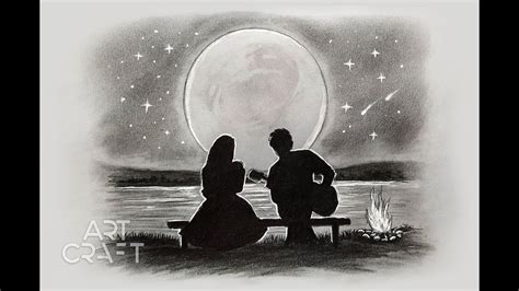 How To Draw Romantic Couple Playing Guitar Under The Moonlight