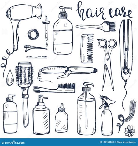 Set Of Hand Drawn Hair Styling And Care Products Stock Vector