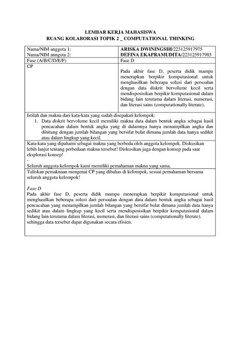 Lembar Kerja Mahasiswa Ruang Kolaborasi Topik Ct Ariska Defina