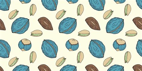 Seamless Pattern With Blue Nuts Hand Drawn Doodle Walnut Hazelnut