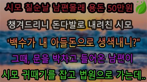 반전 신청사연 시모 칠순날 남편몰래 용돈 50만원 챙겨드리니 돈다발로 내려친 시모백수가 내아들돈으로 생색내니순간 남편이