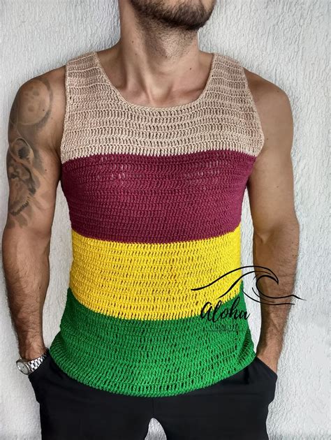 Camisa Regata Crochê Masculina Listras Coloridas Aloha Croche