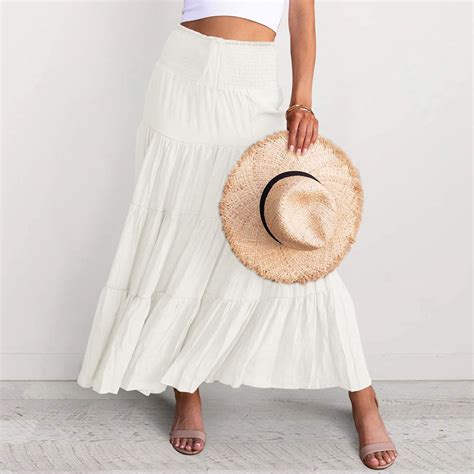 Xiuh Women High Waist Pleated A Line Long Skirts Solid Color Ruffle Casual Skirts Z2 White Xl