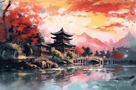 Premium AI Image | A painting of a japanese temple by the water