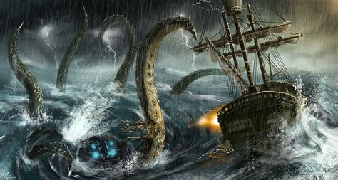 Wallpaper : sea monsters, sailing ship, fantasy art, vehicle, rain, artwork, dragon, mythology ...