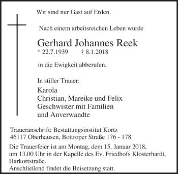 Traueranzeigen Von Gerhard Johannes Reek Trauer In Nrw De