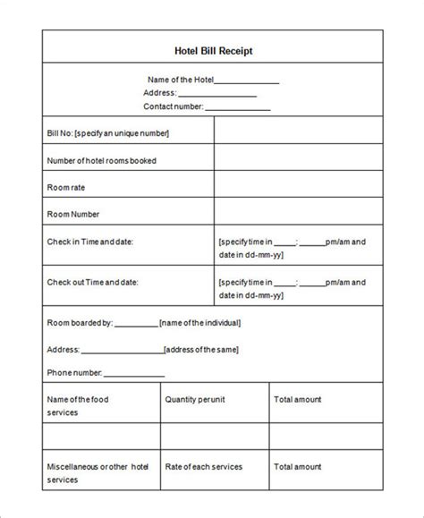 Hotel Room Receipt Template