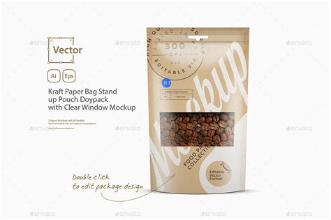 Kraft Paper Bag Stand Up Pouch Doypack With Clear Window Mockup Graphics