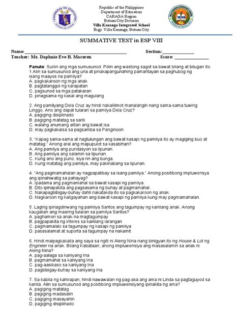 1st Quarter Summative Test Esp8 Pdf