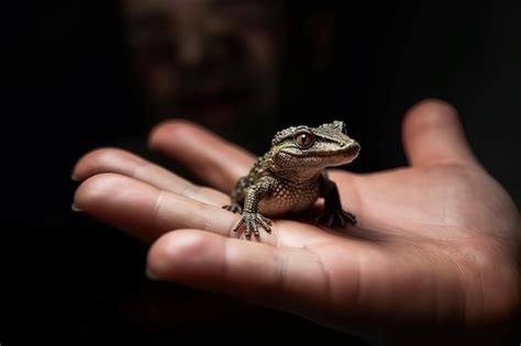 Premium AI Image | Crocodile tiny smallest animal in the world standing on human hand ...