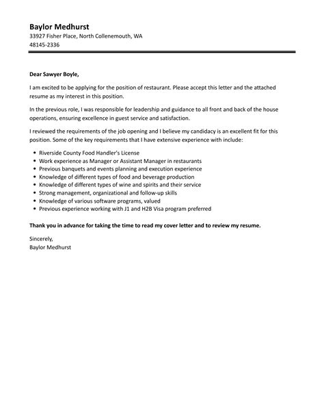 Restaurant Cover Letter Velvet Jobs