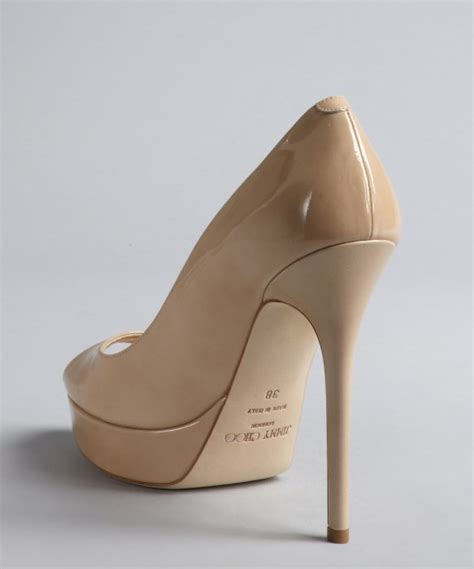 Lyst Jimmy Choo Nude Patent Leather Crown Peep Toe Pumps In Natural