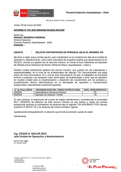 Informe 201 Solicita Contratación DE Personal BAJO EL Regimen 728