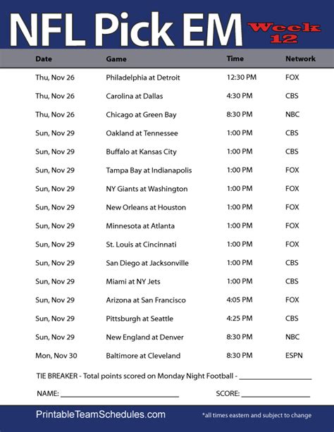 Printable Week 11 Nfl Schedule Printable Templates