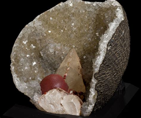 Red Fluorite on Calcite in a Quartz Vug from India