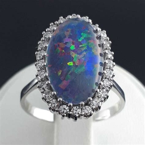 14 kt. White gold - Vintage Opal & Diamond Ring Opal - Diamond - Catawiki