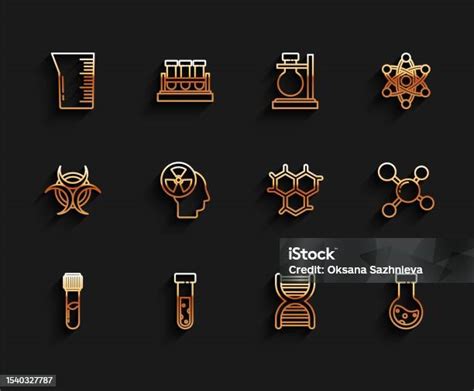 세트 라인 시험관 및 플라스크 화학 물질 실험실 유리 제품 또는 비커 Dna 기호 인간의 머리 방사선 분자 및 화학식 아이콘