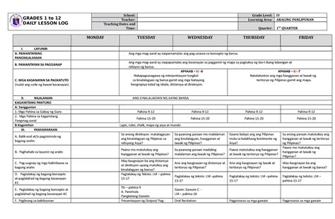 Dll Araling Panlipunan 4 Q1 W4 Grades 1 To 12 Daily Lesson Log School Grade Level Iv Teacher