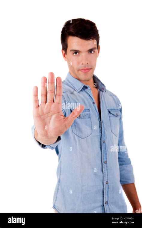 Beautiful Man Showing Stop Sign Stock Photo Alamy