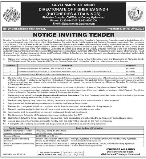 Directorate Fisheries Sindh Tender Notice For Proc Of Drugs Medicines