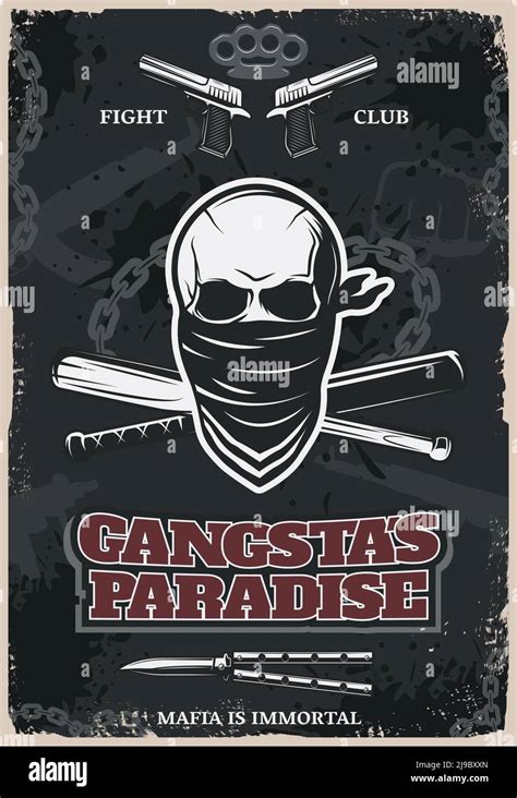 Mafia And Gangster Fight Club Poster With Drawn Skull In Bandana And