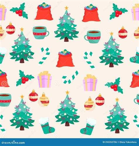 Seamless Christmas Pattern With Decorations Vector Illustration Stock