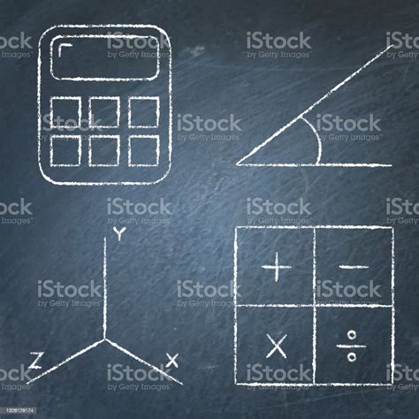 Mathematics Science Icons Set In Line Style On Chalkboard Stock