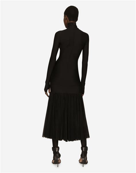 Technical Jersey Dress With Tulle Ruffle In Black For Women Dolce