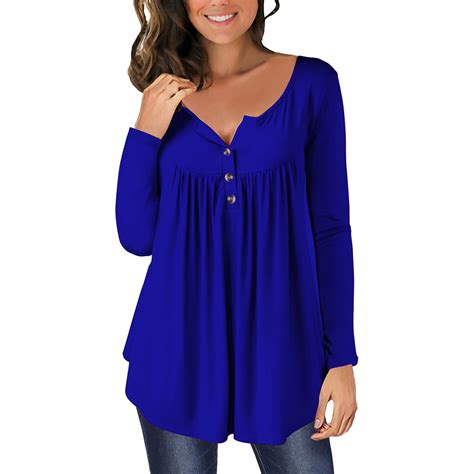 Yotami Fall Tops For Women Long Sleeve Button Casual Tunic Tops Solid Color V Neck Shirts