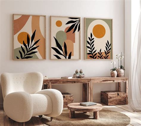 Boho Abstract Wall Art Prints Set Of 3 Prints Beige Green Terracotta Boho Wall Artunframed