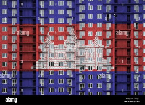 Cambodia flag depicted in paint colors on multi-storey residental ...