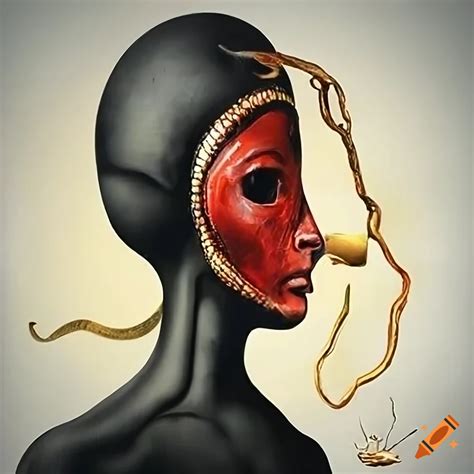 Surrealist Abstract Artwork Of A Cyborg With African Tribal Elements On