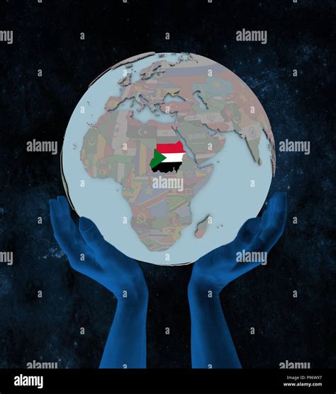 Sudan With Flag On Globe In Hands In Space 3D Illustration Stock Photo