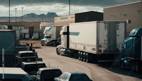 Busy Trailer And Big Rig Parking Lot With Massive Industrial Buildings