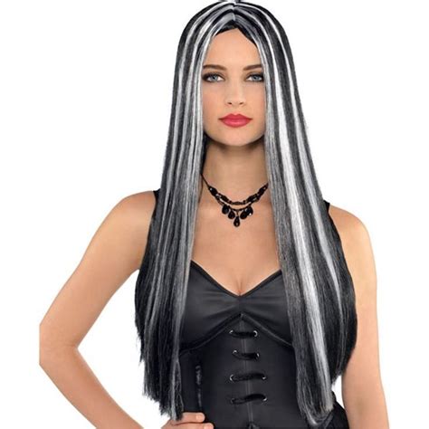 Witch Wig Womens Black And White Streaked Halloween Wig Each Halloween Wigs Long Black Wig