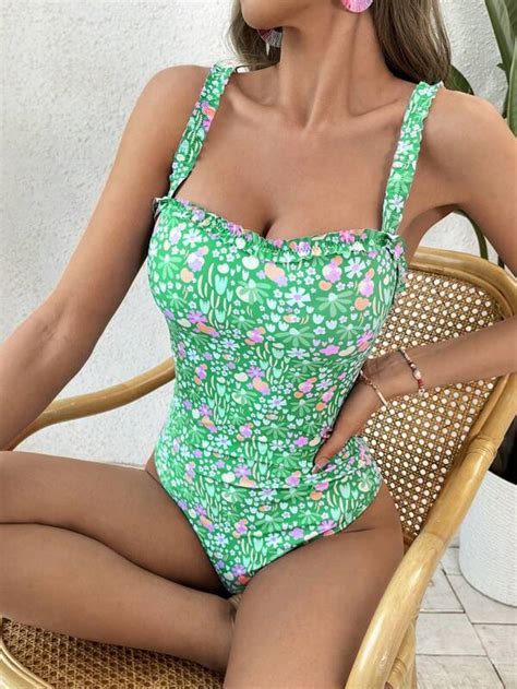 Floral Print Frill Trim One Piece Swimsuit Shein Usa