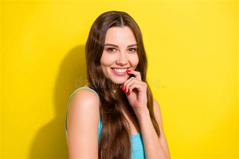 Photo Of Flirty Brunette Hairdo Young Lady Finger Mouth Wear Teal Top