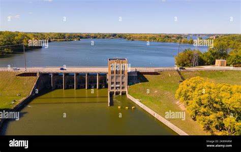 Aerial View Of Ford Lake Dam In South East Michigan On The Huron River